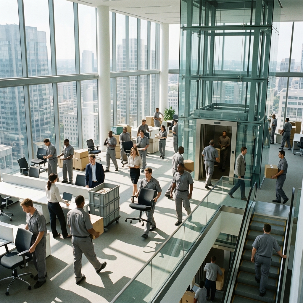 Professional office removal team moving office equipment