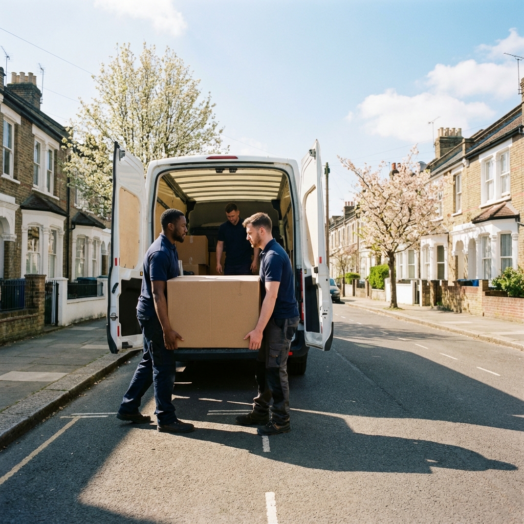 Professional removal team loading boxes into van